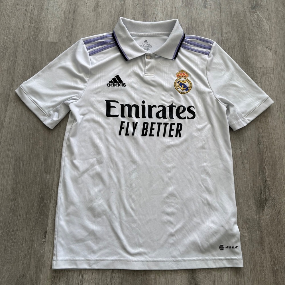 Adidas Real Madrid 2022-23 Home Jersey Youth 13-14Y White Soccer Shirt HA2662